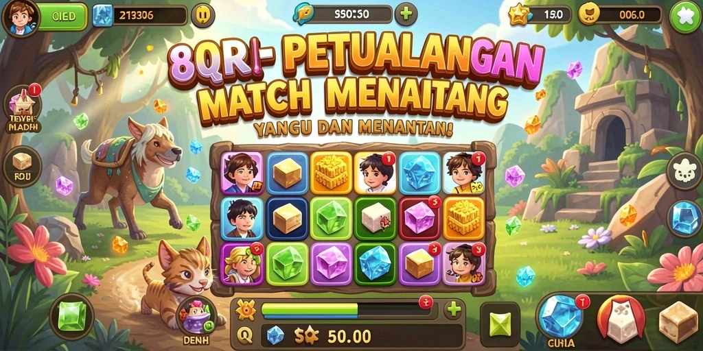 Tangkapan layar gameplay 8QR dengan aksi mencocokkan permata yang seru.