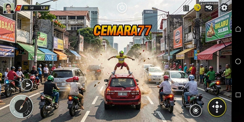Gameplay seru CEMARA77 dengan berbagai mobil balap menonjol.