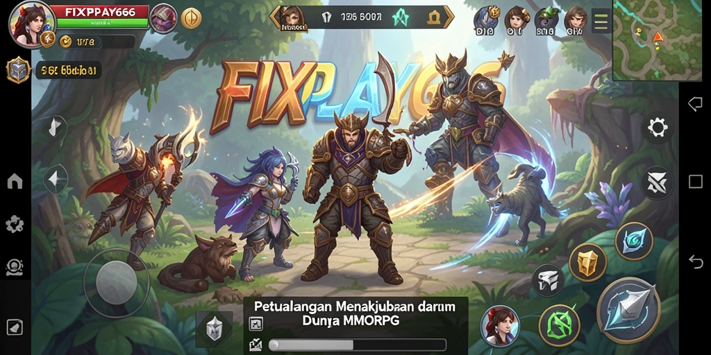 Screenshot gameplay FIXPLAY666 menampilkan pertempuran epik dalam dunia MMORPG.