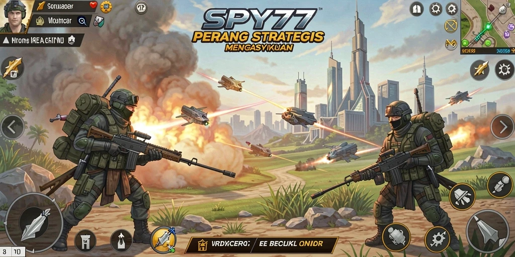 Tangkapan layar gameplay SPY77 yang menunjukkan aksi dan strategi pertempuran.