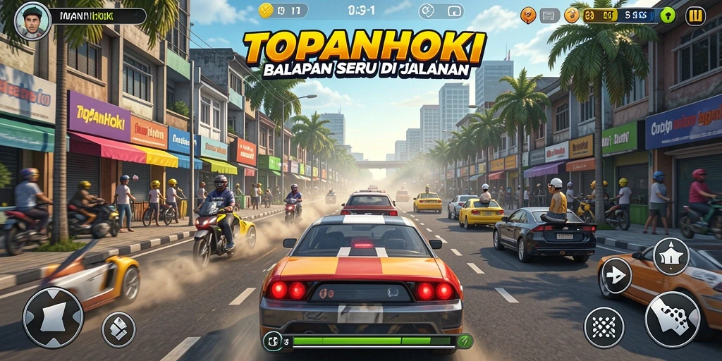 Screenshot gameplay TOPANHOKI menampilkan balapan mendebarkan di jalanan.